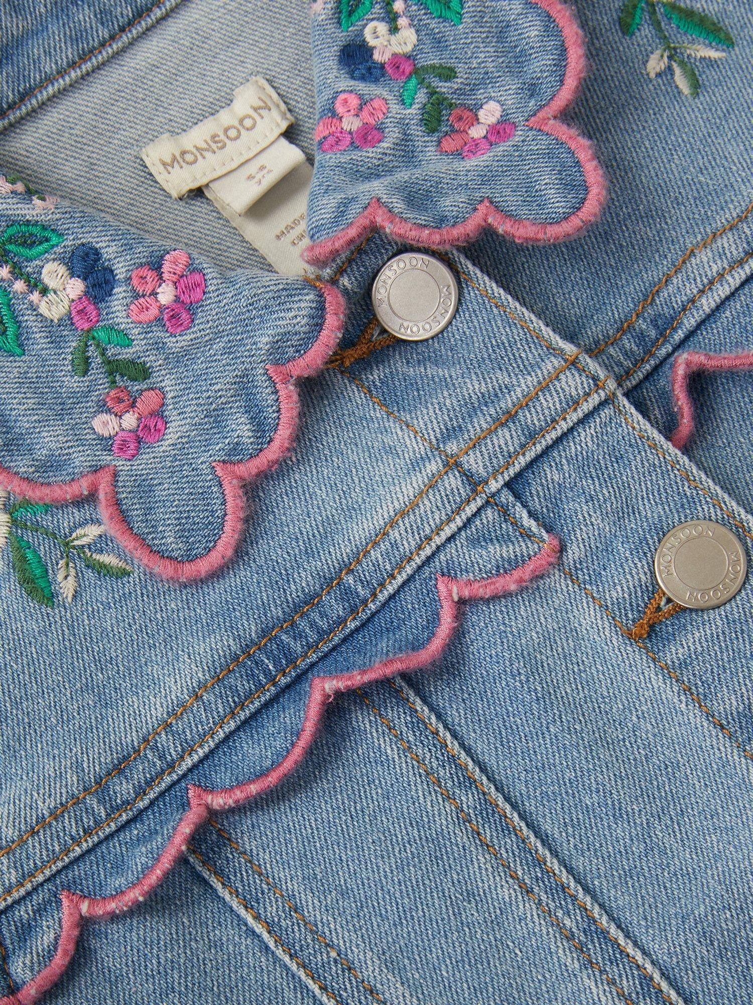 Product image 3 of 4, which shows Monsoon Kids' Floral Denim Jacket, Blue, 3-4 years