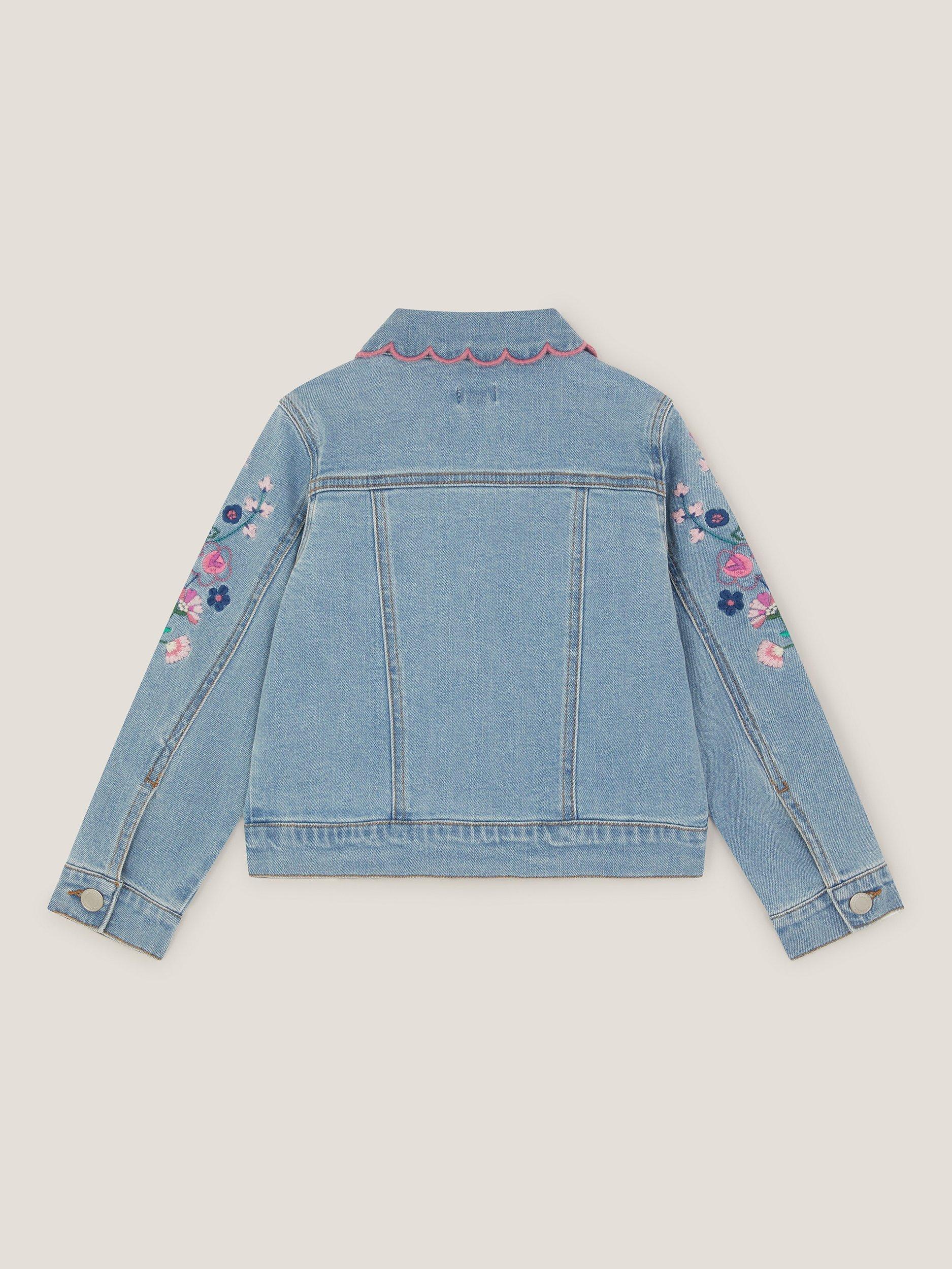 Product image 4 of 4, which shows Monsoon Kids' Floral Denim Jacket, Blue, 3-4 years