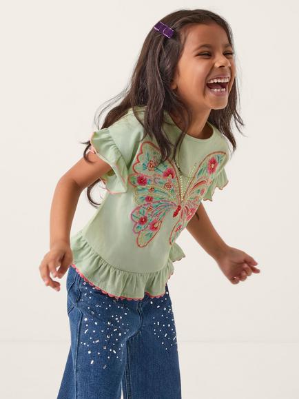 Monsoon Kids' Cotton Butterfly Embellished T-Shirt, Green, Green