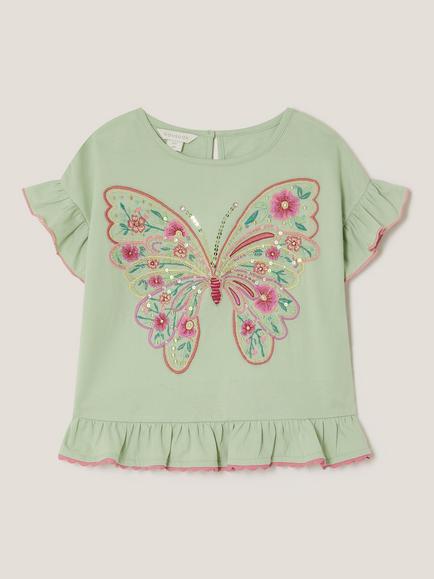 Monsoon Kids' Cotton Butterfly Embellished T-Shirt, Green - view 2, Green