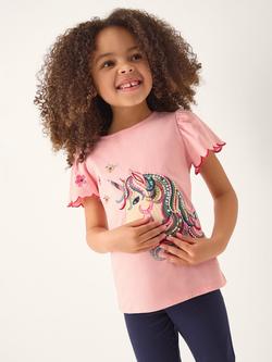 Monsoon Kids' Cotton Unicorn Embellished T-Shirt, Pink, Pink