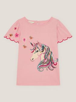 Monsoon Kids' Cotton Unicorn Embellished T-Shirt, Pink - view 2, Pink