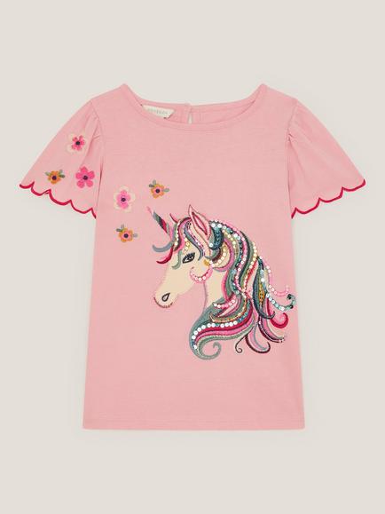 Monsoon Kids' Cotton Unicorn Embellished T-Shirt, Pink - view 2, Pink