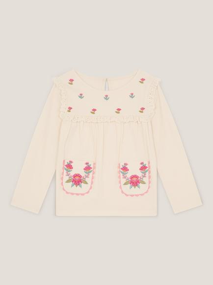 Monsoon Kids' Cotton Floral Embroidered Top, Ivory, Ivory
