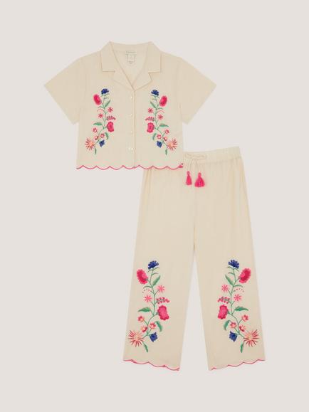 Monsoon Kids' Floral Embroidered Shirt and Trousers Set, White, White