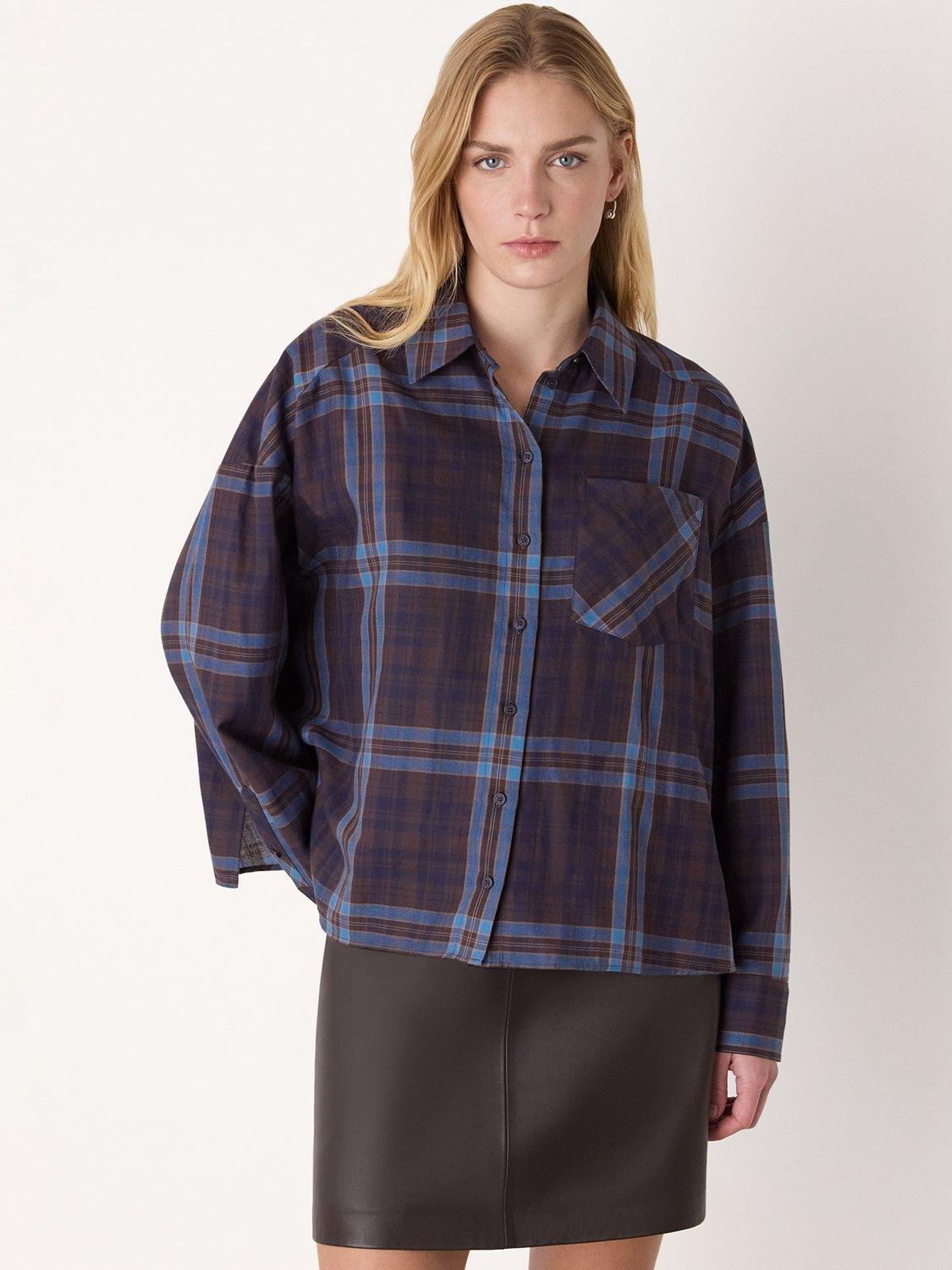 Product image 3 of 5, which shows Whistles Plaid Check Brushed Cotton Shirt, Blue/Multi, 6