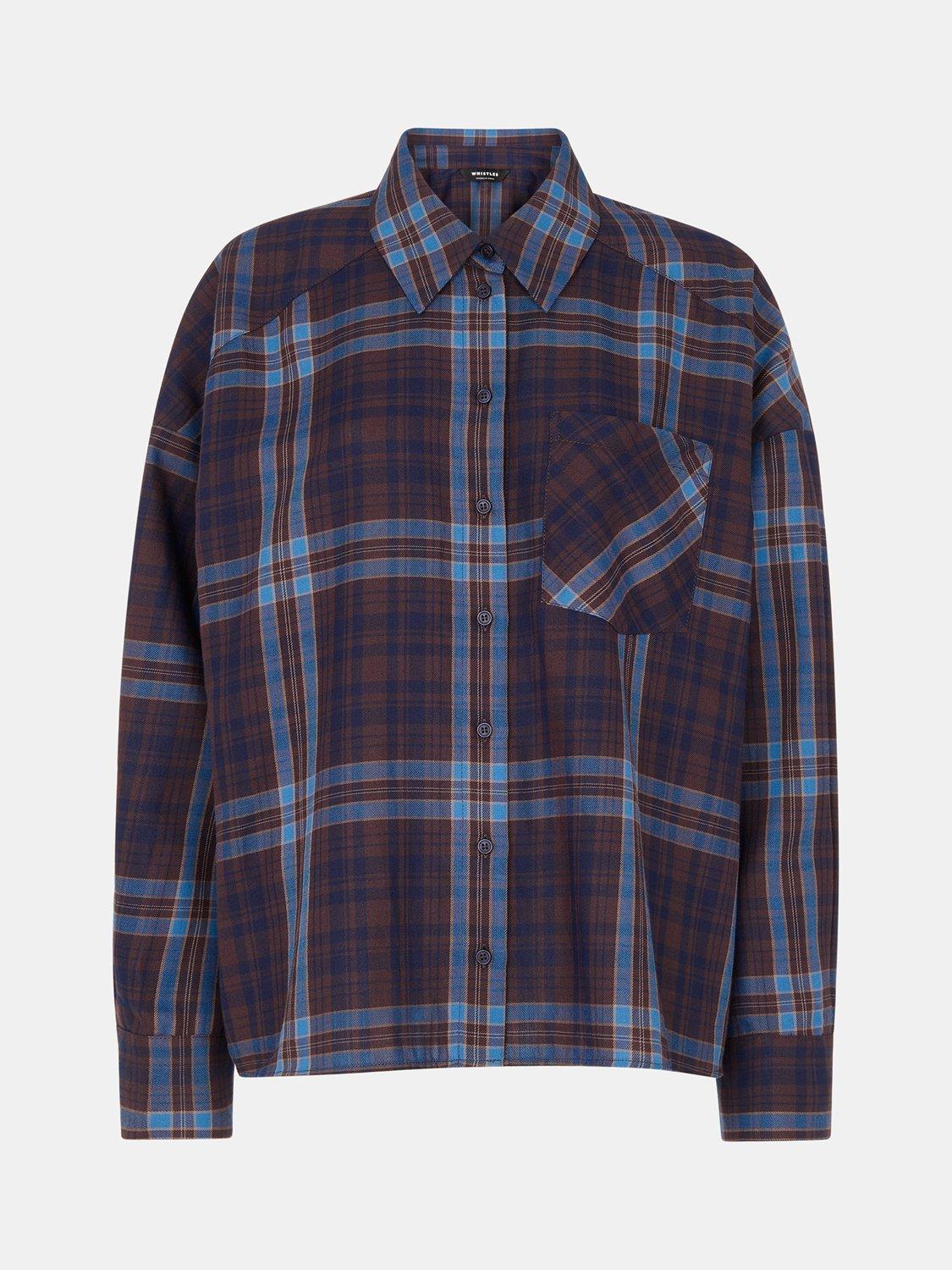 Product image 5 of 5, which shows Whistles Plaid Check Brushed Cotton Shirt, Blue/Multi, 6