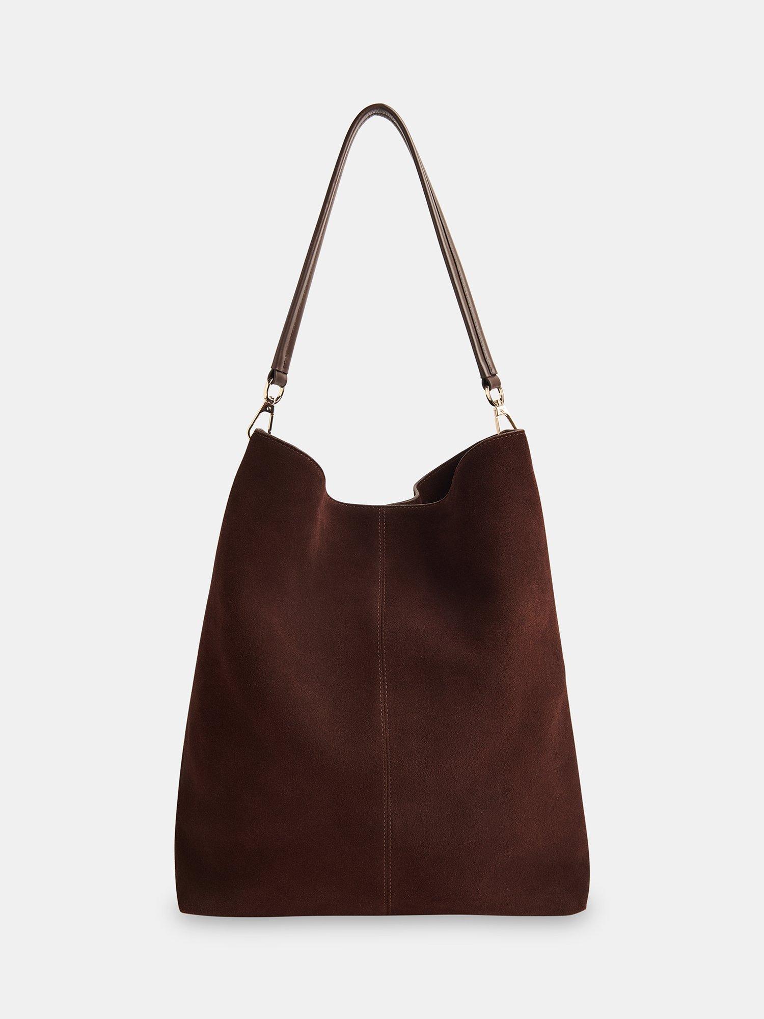 Product image 1 of 6, which shows Whistles Kamil Pure Suede Tote Bag, Chocolate, One Size