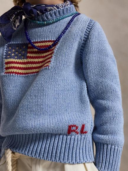 Polo Ralph Lauren Kids' Cotton Iconic Flag Jumper, Blue - view 2, Blue