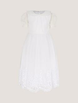 Monsoon Kids' Communion Athena Floral Embroidered Dress, White, White