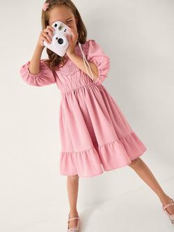 Monsoon Kids' Crochet Yoke Dress, Pink - view 2, Pink