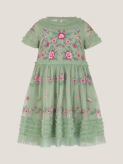 Monsoon Kids' Floral Frill Tulle Dress, Green - view 2, Green