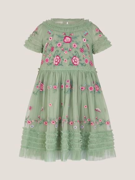 Monsoon Kids' Floral Frill Tulle Dress, Green - view 2, Green