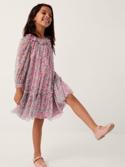 Monsoon Kids' Floral Scallop Collar Dress, Pink - view 2, Pink