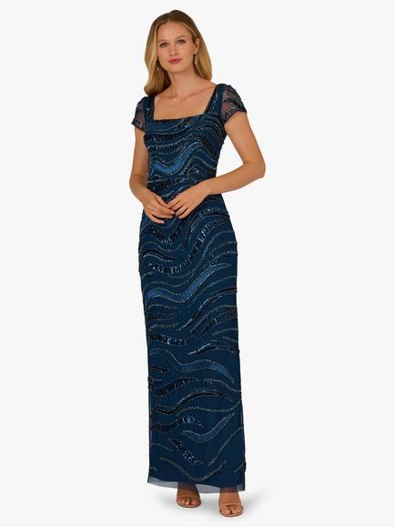 Adrianna Papell Beaded Sequin Square Neck Maxi Dress, Deep Blue, Deep Blue