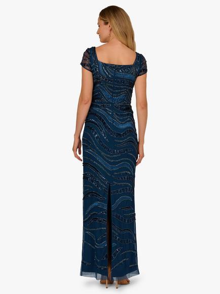 Adrianna Papell Beaded Sequin Square Neck Maxi Dress, Deep Blue - view 2, Deep Blue
