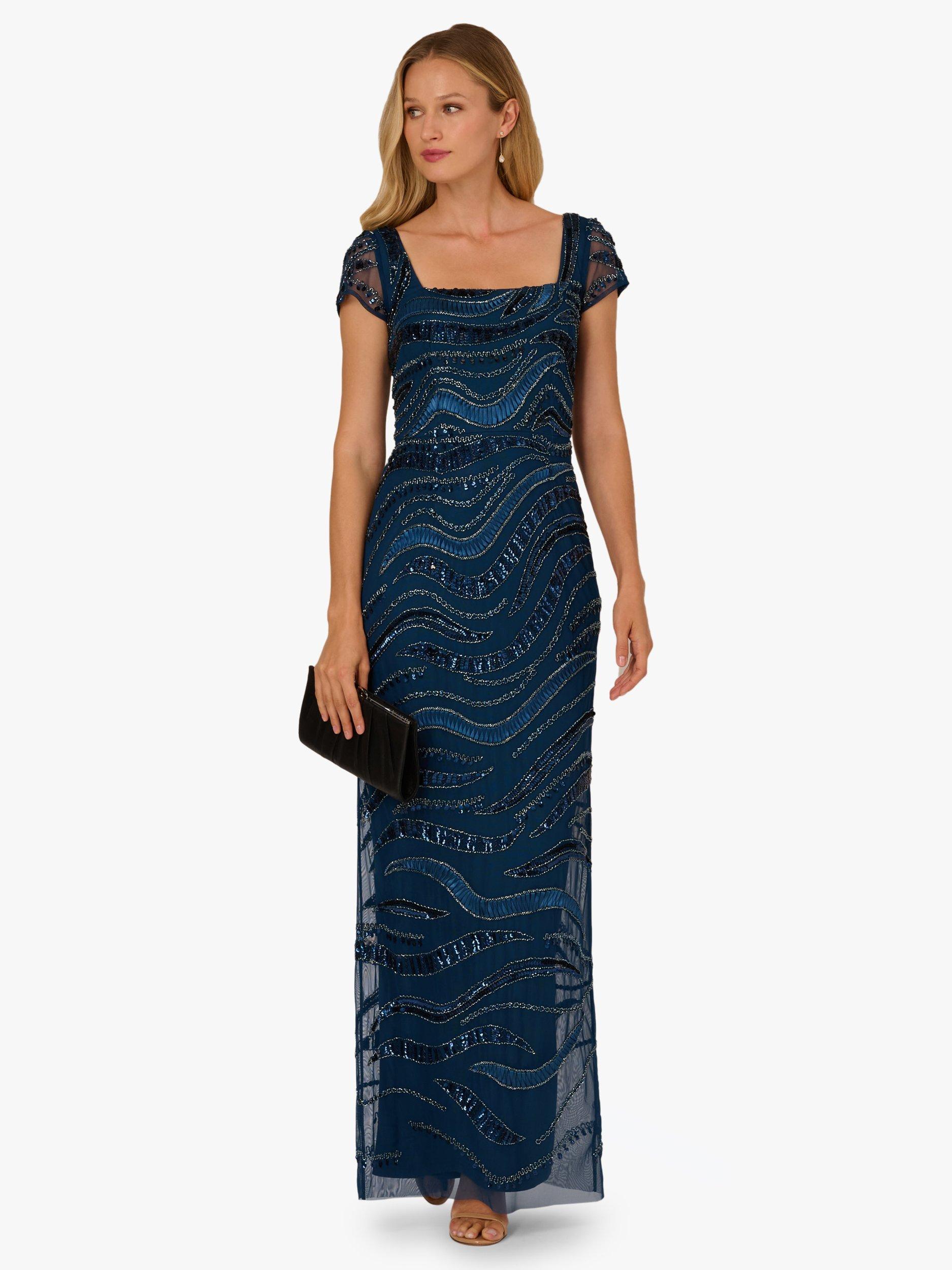 Product image 3 of 6, which shows Adrianna Papell Beaded Sequin Square Neck Maxi Dress, Deep Blue, 6