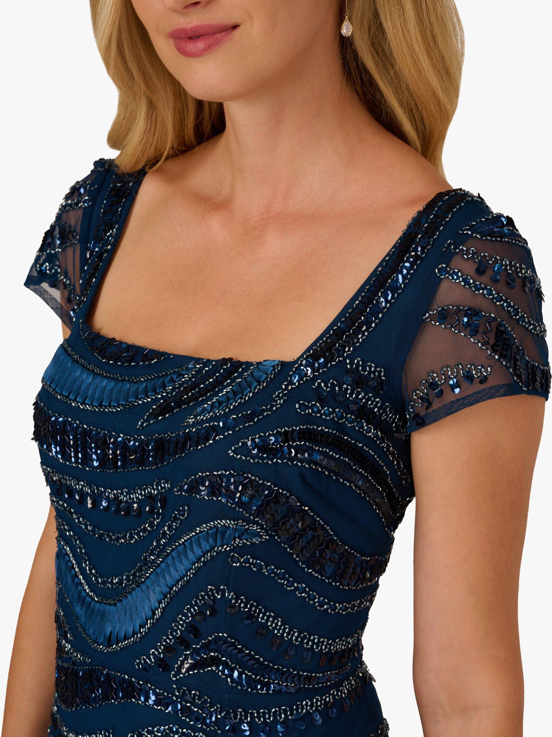 Product image 4 of 6, which shows Adrianna Papell Beaded Sequin Square Neck Maxi Dress, Deep Blue, 6