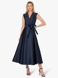 Adrianna Papell Petite Lapel Flared Mikado Dress, Midnight, Midnight