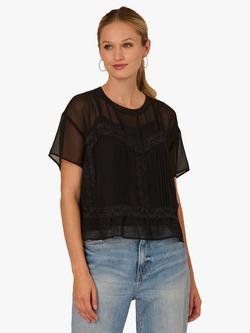 Adrianna Papell Sheer Lace Chiffon Top, Black, Black