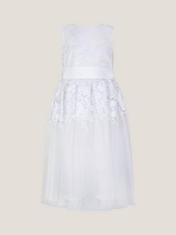 Monsoon Kids' Felicity Floral Embroidered Mesh Dress, White