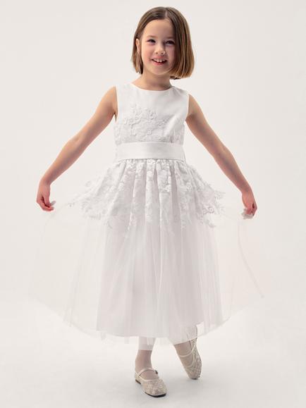 Monsoon Kids' Felicity Floral Embroidered Mesh Dress, White