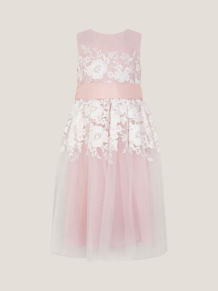 Monsoon Kids' Felicity Floral Embroidered Mesh Dress, Pale Pink