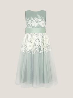 Monsoon Kids' Felicity Floral Embroidered Mesh Dress, Sage