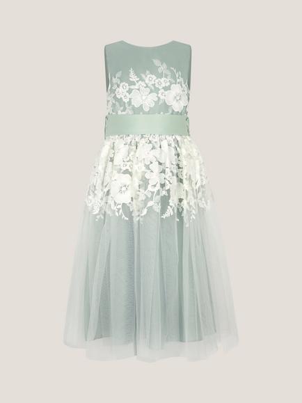 Monsoon Kids' Felicity Floral Embroidered Mesh Dress, Sage