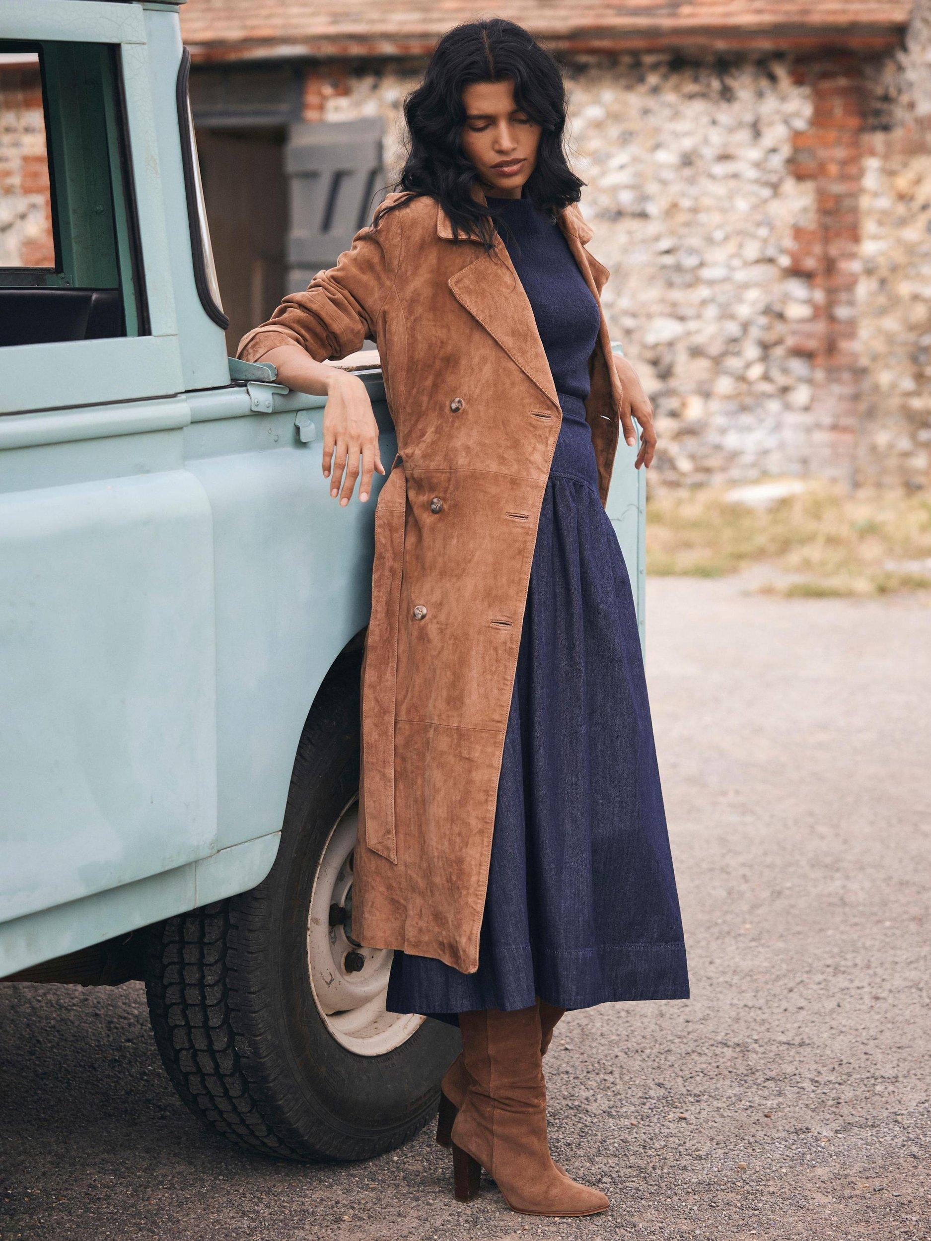 Product image 2 of 7, which shows Mint Velvet Pure Suede Trench Coat, Brown Tan, XS