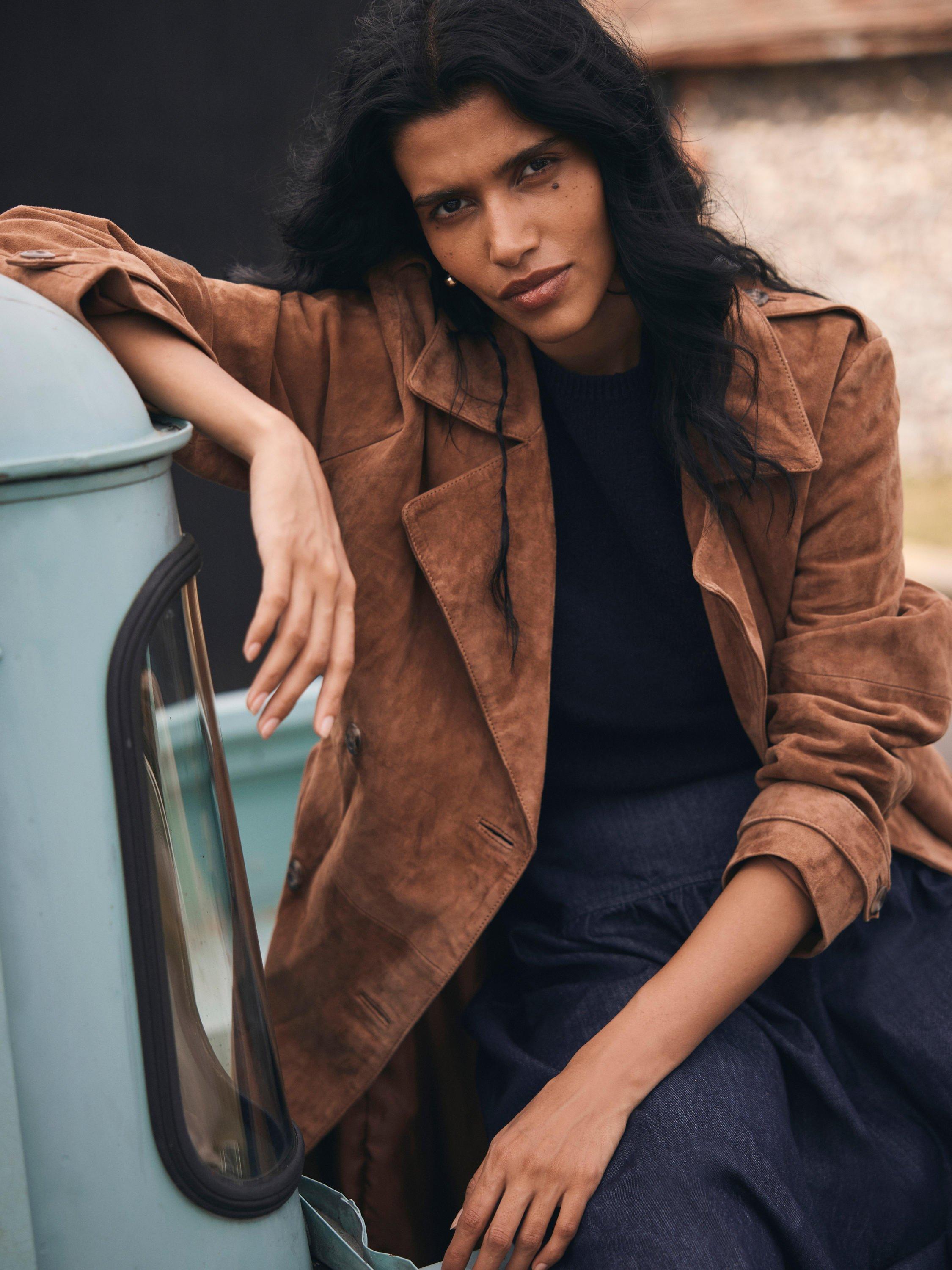 Product image 3 of 7, which shows Mint Velvet Pure Suede Trench Coat, Brown Tan, XS