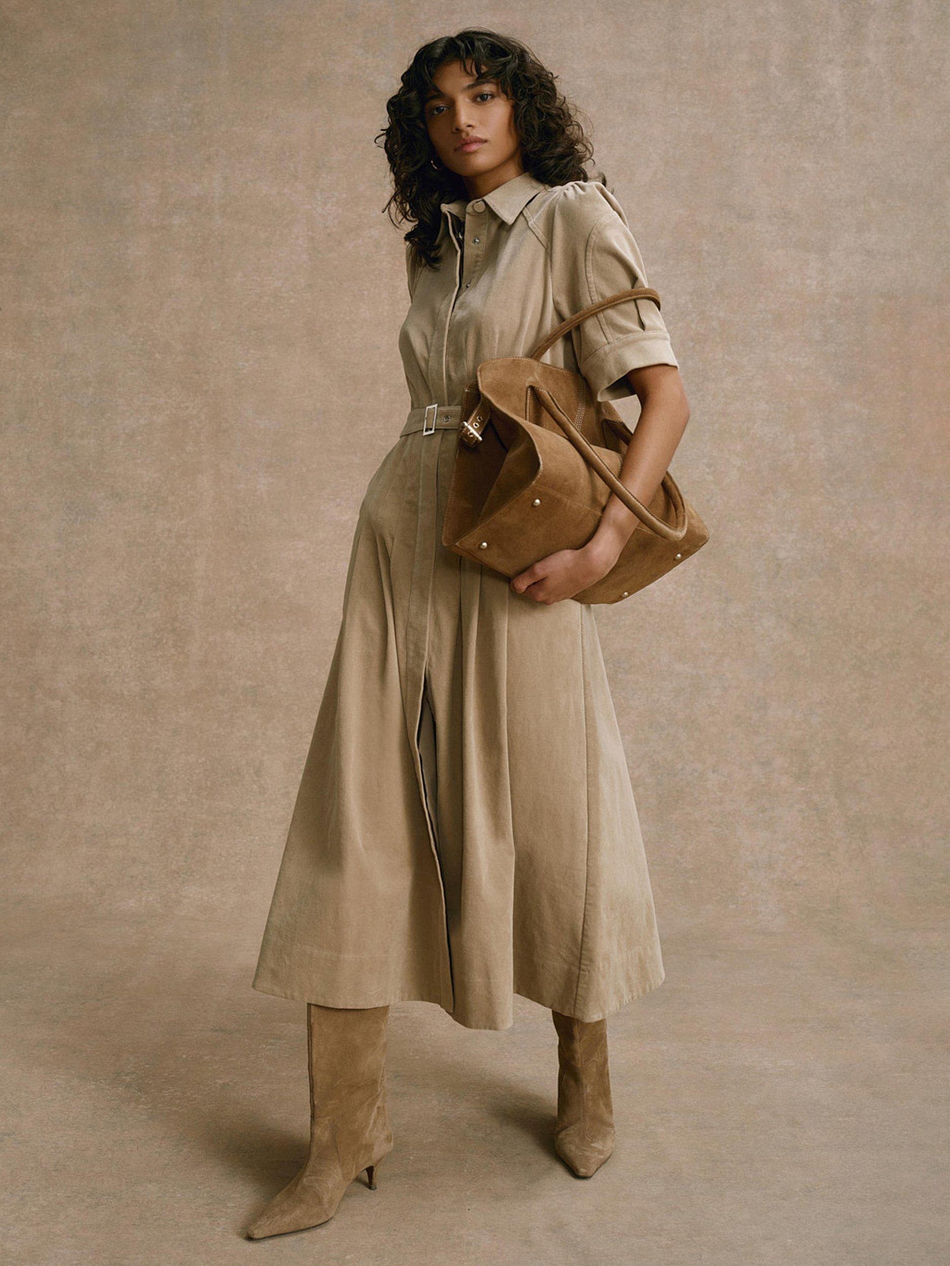 Mint Velvet Belted Corduroy Midi Dress, Natural