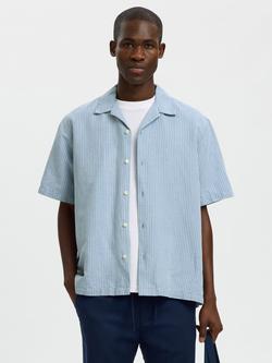 Selected Clay Linen Blend Striped Short Sleeve Shirt, Dusty Blue, Dusty Blue