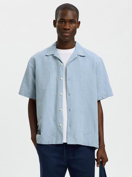 Selected Clay Linen Blend Striped Short Sleeve Shirt, Dusty Blue, Dusty Blue