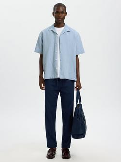 Selected Clay Linen Blend Striped Short Sleeve Shirt, Dusty Blue - view 2, Dusty Blue