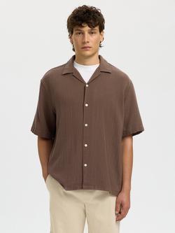 Selected Cotton Regular Fit Short Sleeve Resort Shirt, Chocolate Chip, Chocolate Chip