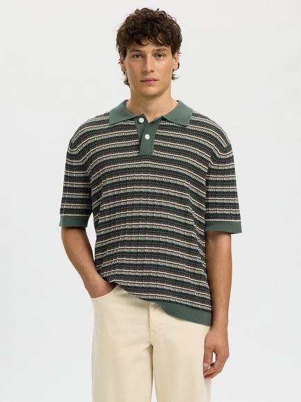 Selected Knitted Striped Polo Shirt, Balsam Green Stripes, Balsam Green Stripes
