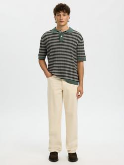 Selected Knitted Striped Polo Shirt, Balsam Green Stripes - view 2, Balsam Green Stripes