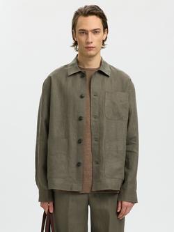 Selected Linen Regular Fit Overshirt, Olive Green, Olive Green