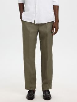 Selected Linen Straight Trousers, Olive Green, Olive Green