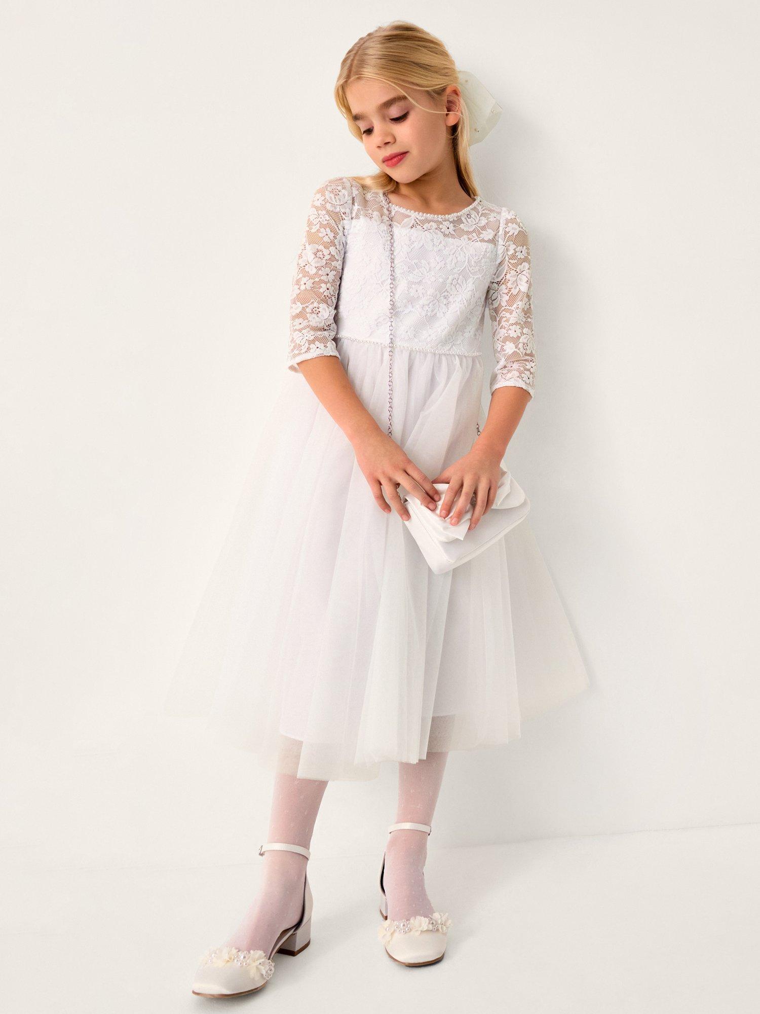 Product image 1 of 4, which shows Monsoon Kids' Alberta Rose Lace Dress, White, 3 years