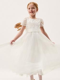 Monsoon Kids' Anya Tulle Short Sleeved Maxi Dress, Ivory, Ivory