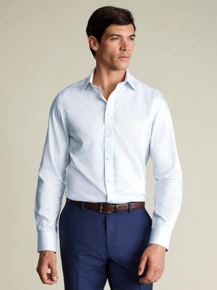 Charles Tyrwhitt Stripe Classic Collar Non-Iron Cotton Twill Slim Fit Shirt, Light Blue, Light Blue