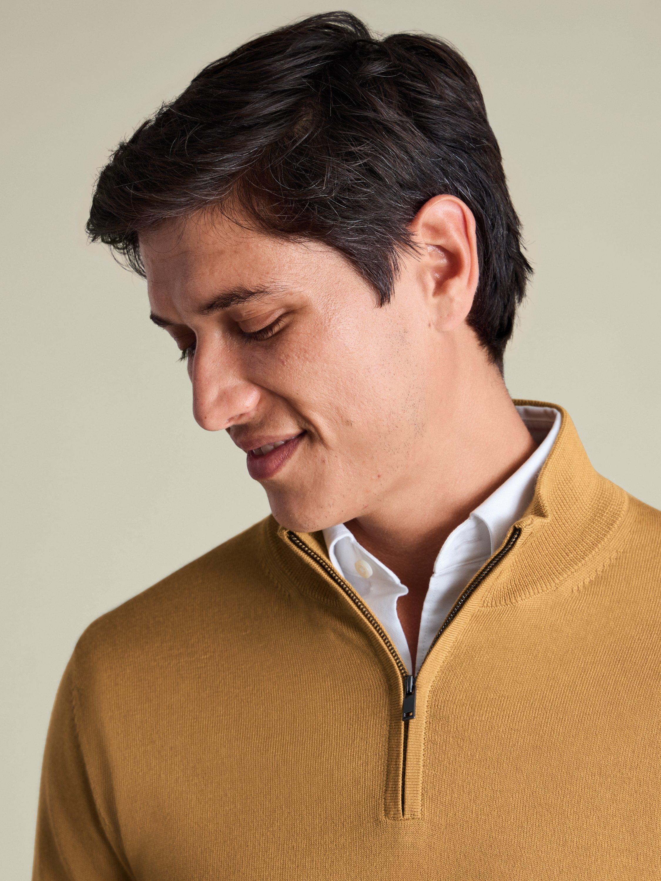 Product image 2 of 4, which shows Charles Tyrwhitt Half Zip Merino Wool Jumper, Camel, XS