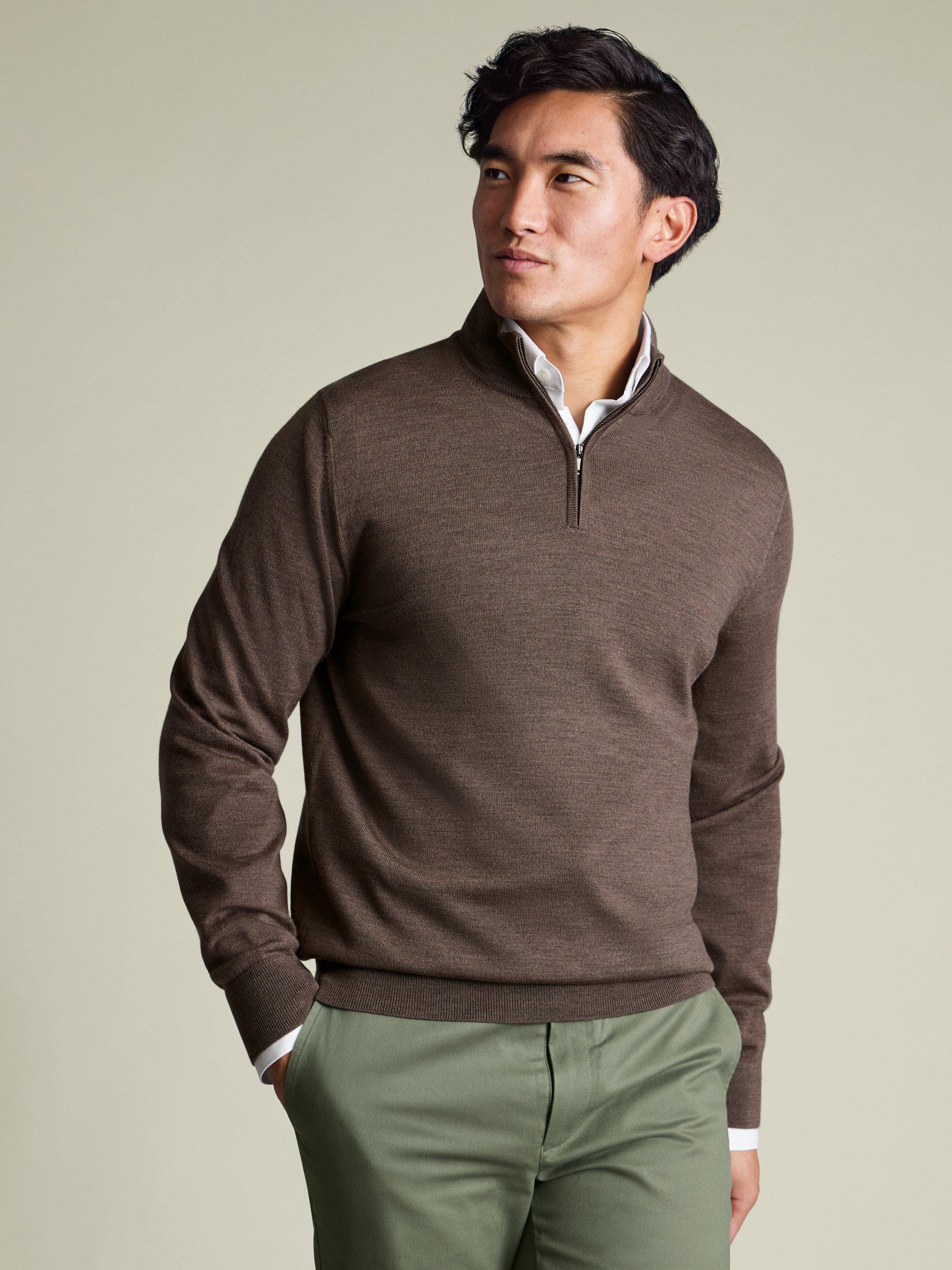 Product image 1 of 4, which shows Charles Tyrwhitt Half Zip Merino Wool Jumper, Mocha, XS