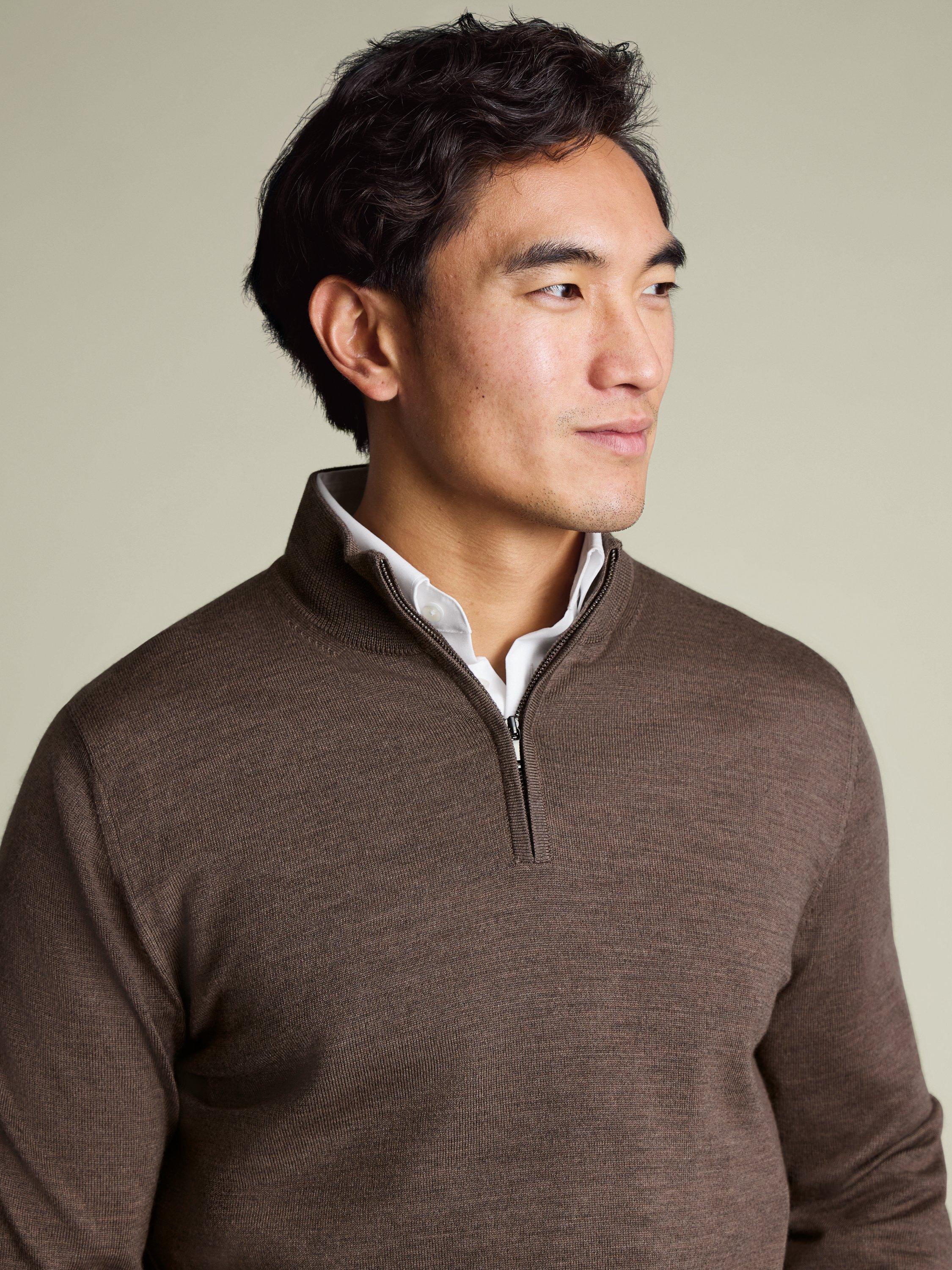 Product image 2 of 4, which shows Charles Tyrwhitt Half Zip Merino Wool Jumper, Mocha, XS