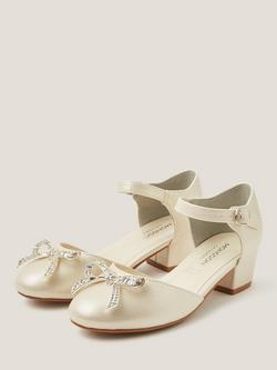 Monsoon Kids' Diamanté Bow Closed Toe Block Heel Shoes, Ivory - view 2, Ivory