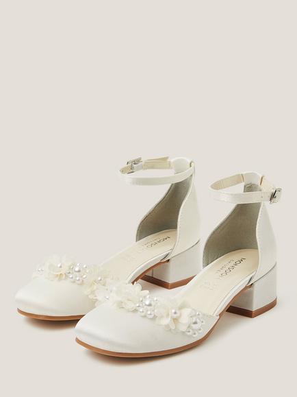 Monsoon Kids' Flower Embellished Closed Toe Heels - view 2, Ivory