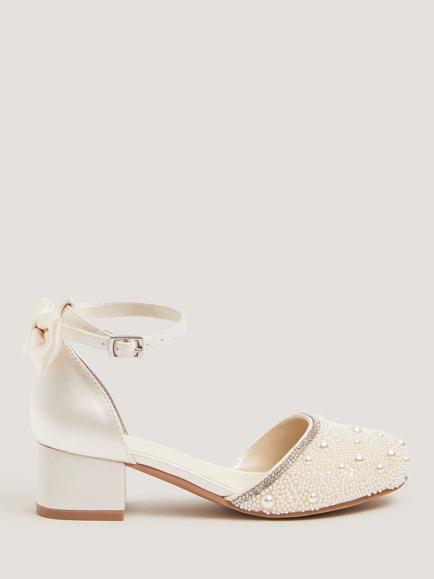 Monsoon Kids' Glitzy Pearl Bow Heeled Shoes, Ivory, Ivory