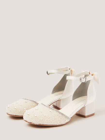Monsoon Kids' Glitzy Pearl Bow Heeled Shoes, Ivory - view 2, Ivory